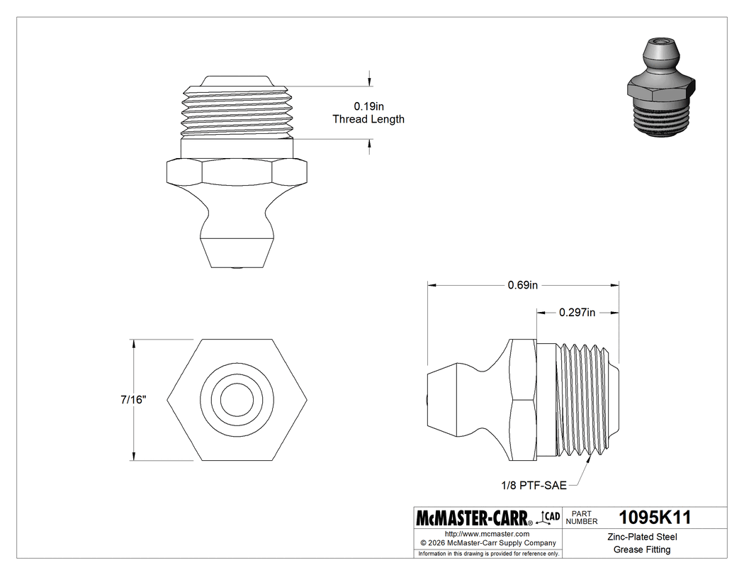 Technical Drawing of Zinc-Plated Steel Grease Fitting, Straight, 1/8 PTF-SAE Male, 11/16" Overall Height.